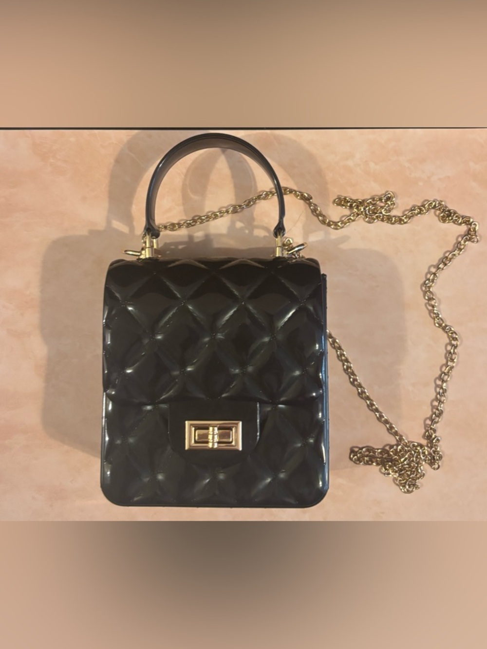 Quilted Patent Mini Top-Handle Crossbody Bag in Black